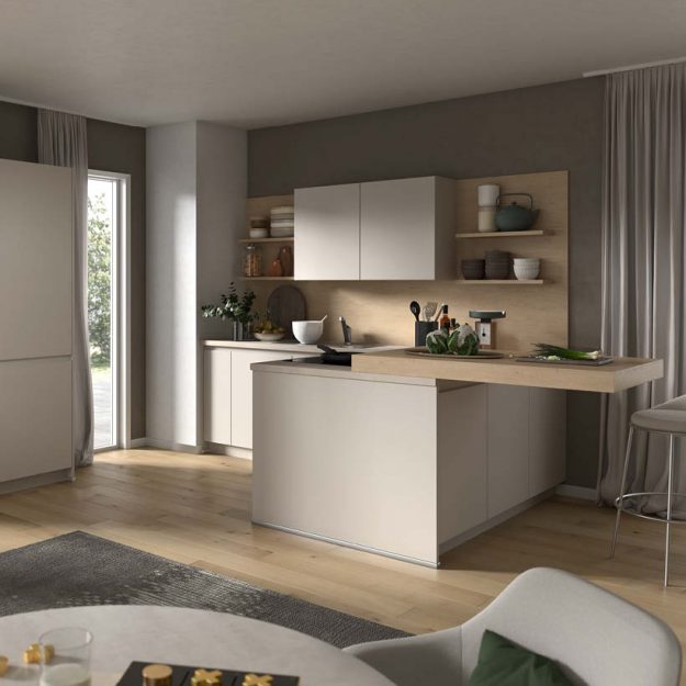 Minimalistische Küche in hellen Beige- und Holztönen mit integrierter Halbinsel – perfekt für offene Wohnkonzepte und moderne Lebensräume